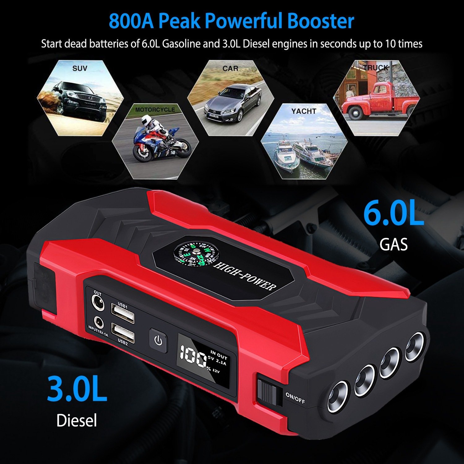 Car Jump Starter Booster 800A Peak 28000mAh 12V Battery Charger Up To 6.0L Gas Or 3.0L Diesel Engine With LCD Screen 4 Modes LED Flashlight - Image 6