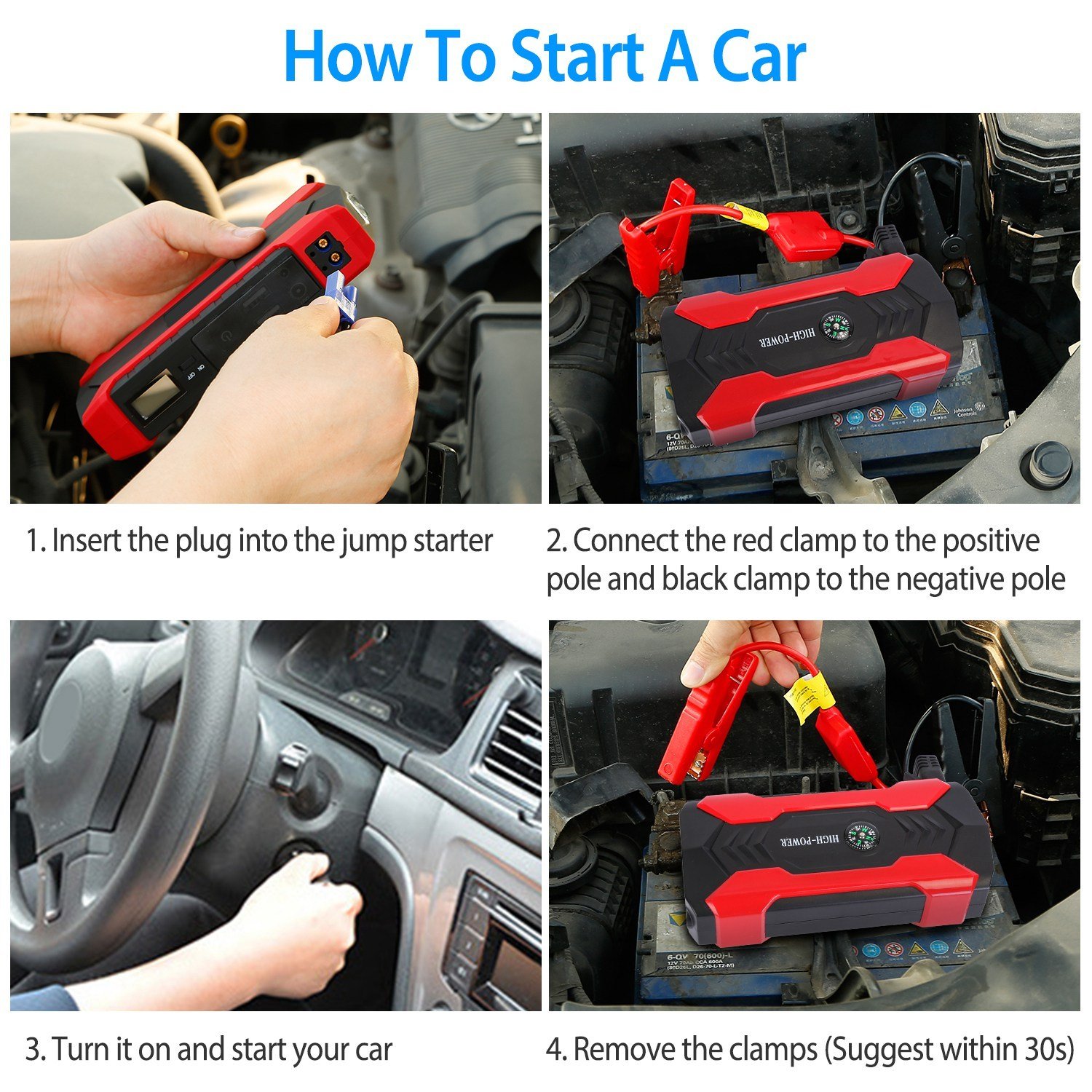 Car Jump Starter Booster 800A Peak 28000mAh 12V Battery Charger Up To 6.0L Gas Or 3.0L Diesel Engine With LCD Screen 4 Modes LED Flashlight - Image 4